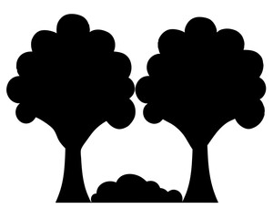 Black Silhouette Depiction of Two Trees and a Bush, Simple and Stark