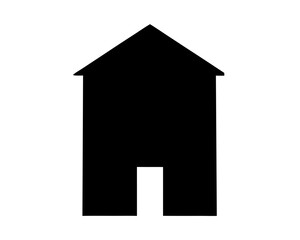Simple black silhouette of a house with a door on white background