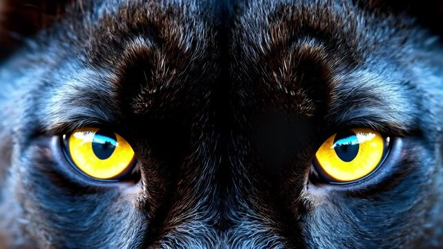 Black panther eyes background, wild cat animal face in night, yellow eyeballs in dark. Black panther eyes glow look in macro closeup, wildlife cheetah, puma or cheetah yellow evil eye
