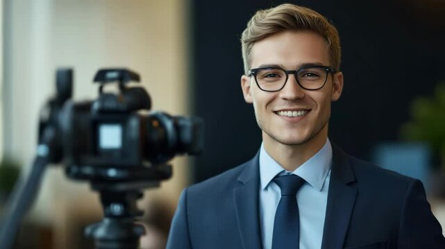 Young man wearing glasses, suit, and tie smiling confidently indoors near camera on tripod, capturing video with bright smile and confident posture in modern office environment