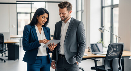 Two diverse business colleagues discuss work on a tablet in a modern office, collaborating and innovating