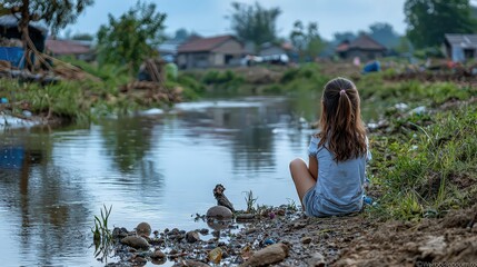 Child contemplating life by the riverbank rural community emotional scene tranquil environment side view reflection on nature