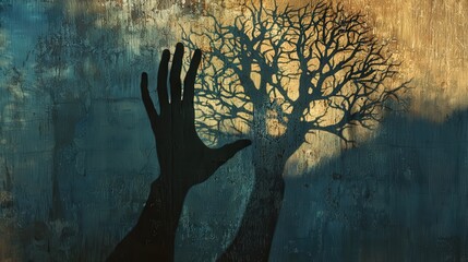 Shadowed hand reaching for a tree conceptual art indoor setting abstract perspective nature emotion