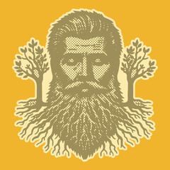 Halftone papercut effect vibrant color postal stamp vector of a bearded man with tree roots growing from his beard, artistic nature fusion, creative portrait, detailed line art, unique design