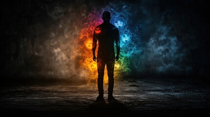 Exploring the depths of self-discovery amidst colorful chaos in a dark environment
