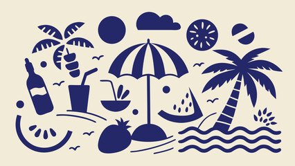Adobe IllustraSummer beach vacation icons with palm trees umbrella drinks and fruittor Artwork