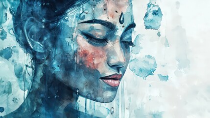 Emotional watercolor portrait of a serene woman artistic studio digital art calm environment close-up inner peace concept