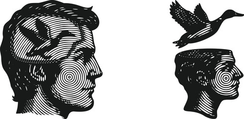  Heavy lined effect black vector bundle featuring surreal head with duck flying out, creative concept illustration, abstract animal escape, bold line art, unique artistic design for digital use
