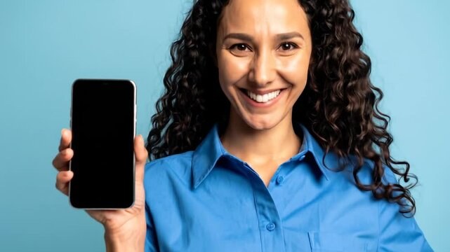 A confident curly-haired woman presenting a blank smartphone screen in studio setup