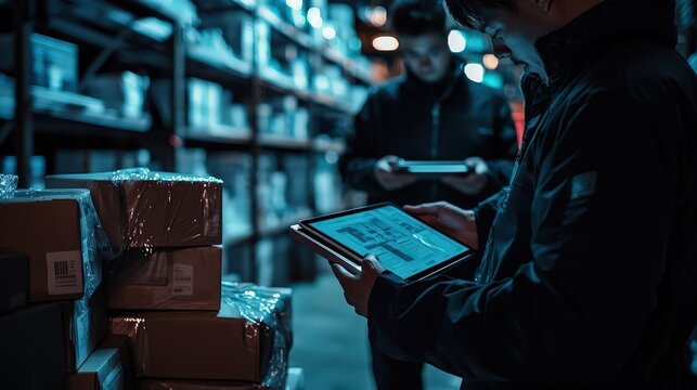 Warehouse inventory management urban warehouse digital interaction industrial environment close-up efficiency in logistics