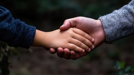 Emotional connection between generations outdoor setting hands shaking nature background close-up shot unity concept