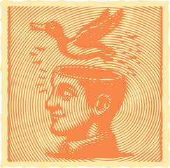  Heavy lined vibrant color postal stamp vector of surreal head with flying duck, creative mental concept, abstract animal illustration, artistic nature design, modern vector art