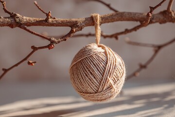 A beige ball of yarn tied to a bare tree branch. Small buds have blossomed on the branch, a blurred background