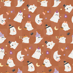 Obraz premium Cute Spooky Halloween Ghost Seamless Pattern with Terracotta Checkered Background