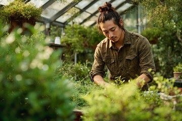 A man tends to plants in a greenhouse full of lush greenery. He is dressed in a casual olive green shirt.