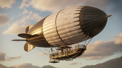 A vintage zeppelin airship floats gracefully through the cloudy sky above mountains