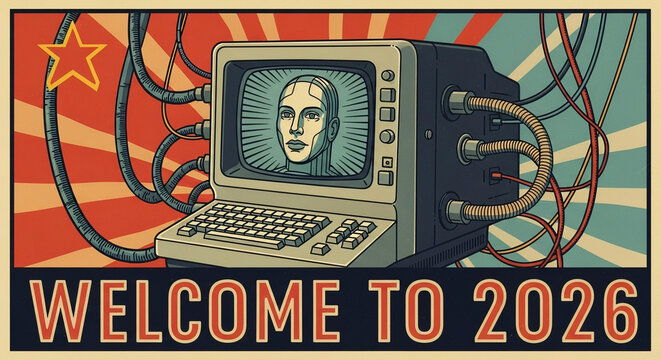 Vintage-style propaganda poster featuring a computer screen displaying a human face, with wires.