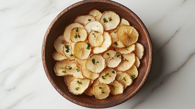 Crispy oven-baked apple slices in a wooden bowl