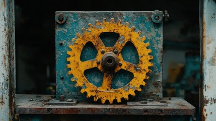 Obraz premium Rusty gear mounted on peeling blue paint