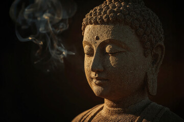 Close-up serene Buddha head sculpted in aged stone, eyes closed. Soft light, drifting smoke. Represents peace and mindfulness.