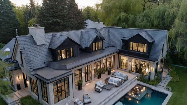 Aerial shot of contemporary house with patio seating, shimmering pool, green grass, and dense greenery all around