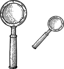 Illustration of magnifier in vintage engraving style. Design element for logo, emblem, sign, poster, card, banner. Vector illustration