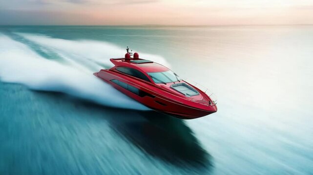 Red speedboat and luxury yacht moving fast on calm ocean water during sunset with smooth waves, dynamic motion, marine transportation showcasing adventure and freedom on open sea