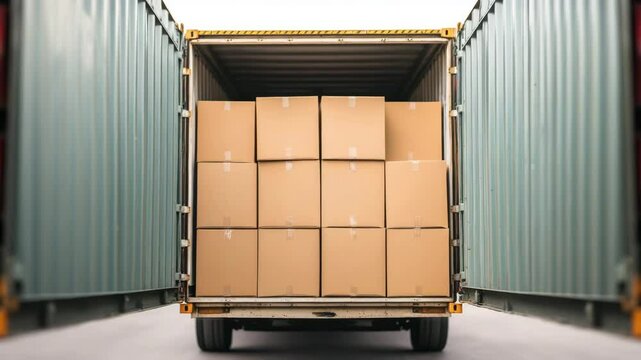 Cardboard box stacked inside open shipping container ready for delivery storage transportation logistics freight cargo warehouse organized secure packaging supply chain loading unloading industrial