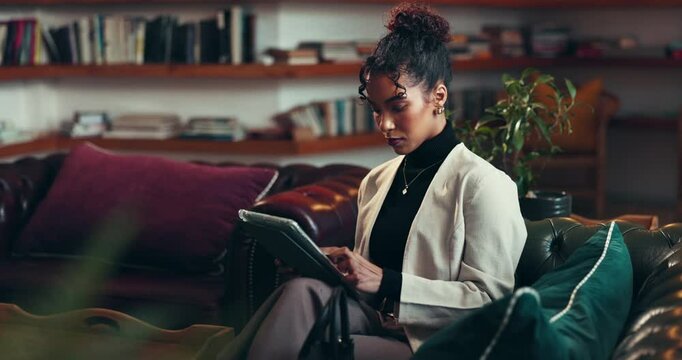 Browsing, info and woman with tablet in office, publisher or proofreading of novel on web or online. Scroll, ebook and plan for launch in publishing agency, creative and person with tech for editing