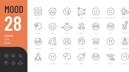Mood Editable Icons set. Vector illustration in modern thin line style of human emotions related icons: happy, sad, nervous, and more. Isolated on transparent background.