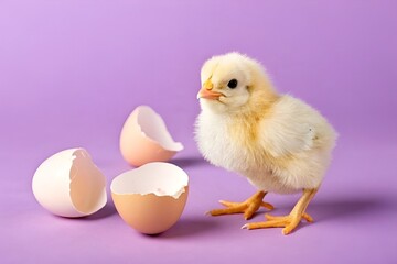 Fluffy Yellow Chicken with Broken Eggshells on Solid Bright Purple Background
