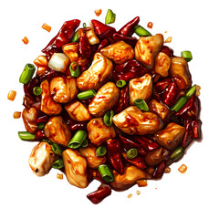Close up of kung pao chicken with peppers and green onions on black background
