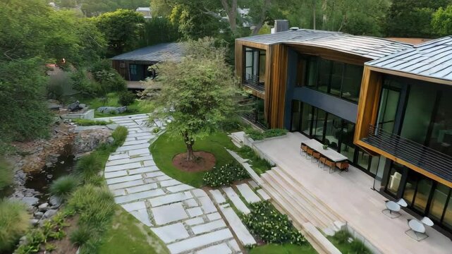 Aerial view of landscaped yard with patterned stone walkway, ending at a sleek house with timber cladding and large windows