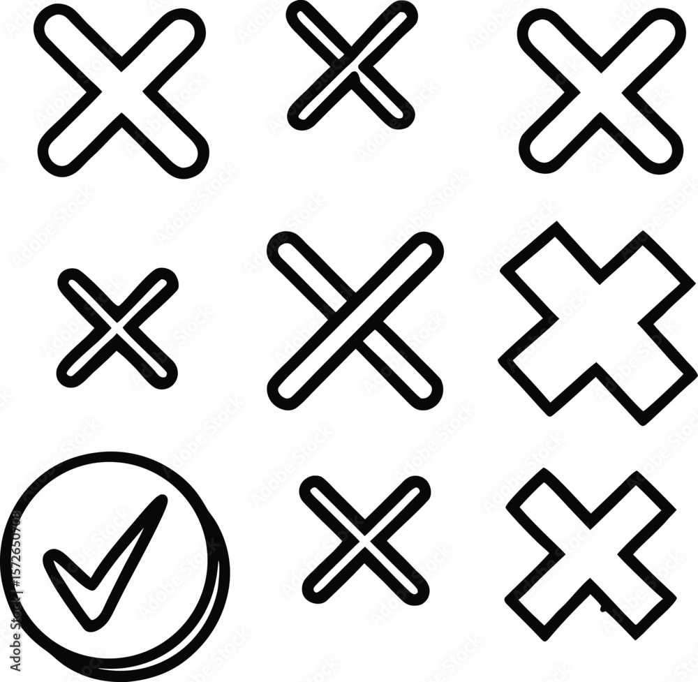Poster check mark and cross icon set with buttons and symbols for web and design