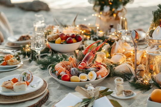 Christmas meal on the beach - a festive table with seafood, generated AI