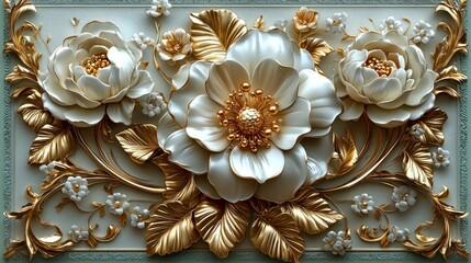 Ornate floral wall decor with embossed white flowers and gold leaf