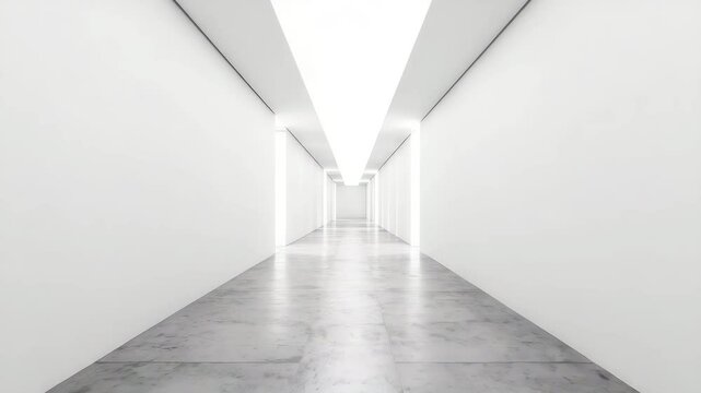 Bright modern corridor hallway interior with clean white space, polished marble floor, minimalist ceiling light, and contemporary architecture creating empty bright space design perspective