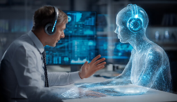 Man in shirt and tie with headphones talking to a holographic woman with headphones on a desk - Powered by Adobe