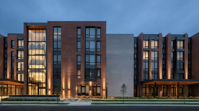 Close-up of sleek facade combining warm brick textures with expansive windows and clean architectural geometry
