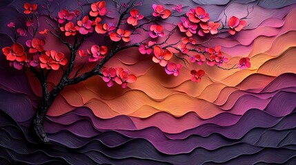 Blooming tree over layered hills