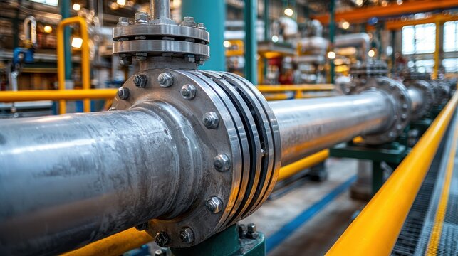 Shiny metal pipe with bolted flange in a factory setting
