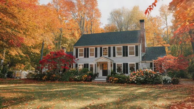 Cozy house exterior framed by vibrant red and orange autumn trees, fallen leaves scattered across the lawn in a Northeastern setting
