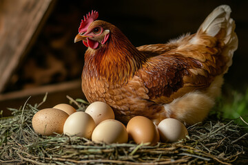 Hen with eggs - a hen sitting on a nest with several eggs, generated AI