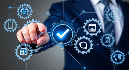 Businessman interacting with digital workflow system suit hand