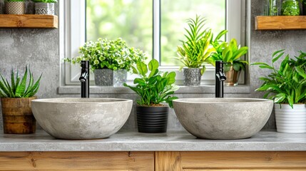 Sinks with green plants near window
