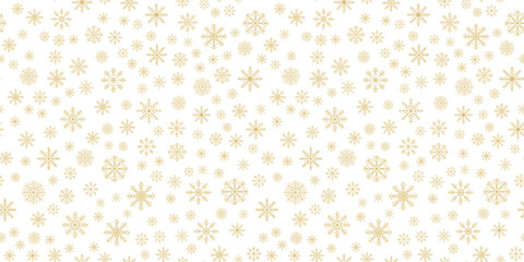Gold Snowflakes seamless pattern. Yellow geometric simple snow flake endless design for poster banner print wrapping paper gift. Merry Christmas and New Year snowfall on white background. Flat style.