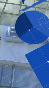 Animation of statistical data processing against low angle view of bank building