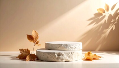 Natural stone podium with soft morning sunlight and gentle shadows on beige plaster wall,