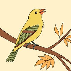 Vector illustration of a yellow finch singing on a branch with autumn leaves. Ideal for nature art, bird-themed designs, educational materials, or children's illustrations.