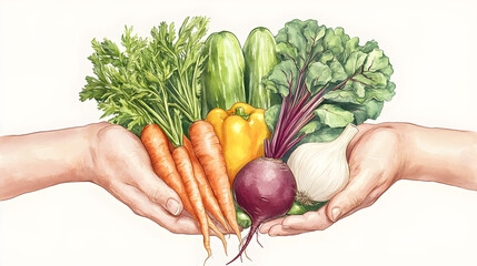 Hands lovingly present a bountiful harvest of fresh, colorful vegetables including carrots, cucumbers, bell peppers, beetroot, and garlic, symbolizing healthy eating and abundance